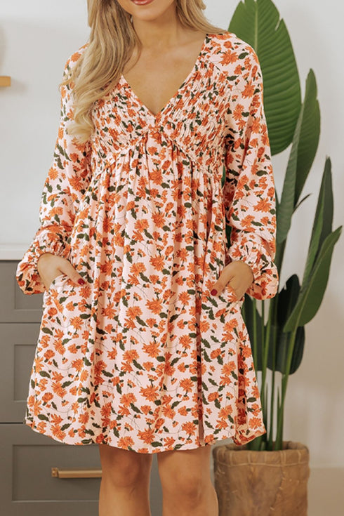 smocked-printed-v-neck-long-sleeve-dress OhSoStyled - Sophia's Style-4